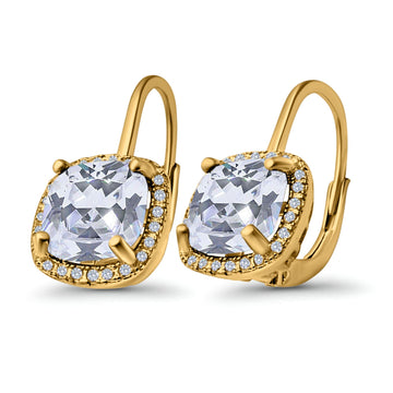 14K Yellow Gold Cushion Halo Leverback Earrings Round Cubic Zirconia